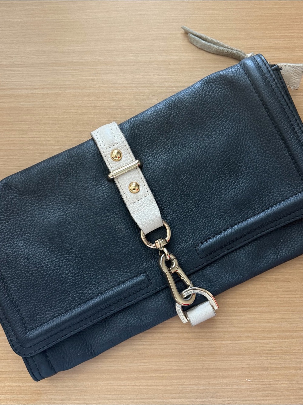 Navy & Ivory Genuine Leather Foldover Clutch Bag Gold Hardware